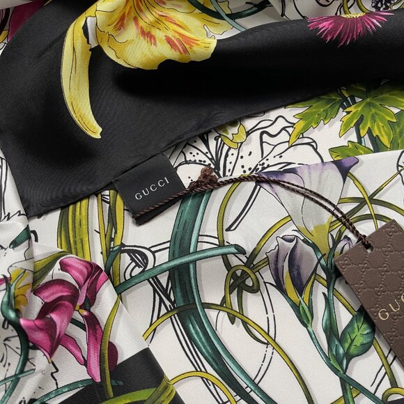 New Gucci Silk Wrap Logo Flora Infinity Print White Multicolor Unisex Scarf - Picture 11 of 16
